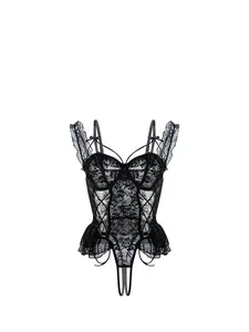 Women's Sexy Lace Teddy Onesie, Tight-Fitting Sleepwear, Open-Crotch Lace Print Bow Single Piece, Ultimate Seduction for Romantic Nights and Special Parties chica under whimsy clothing rave outfit