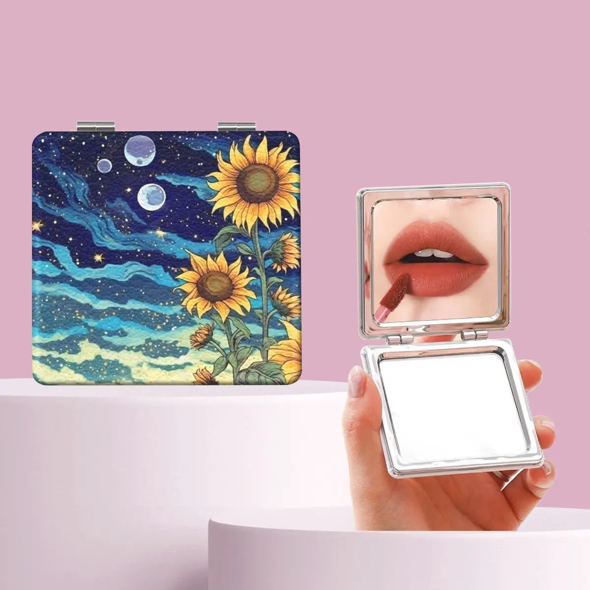 Oil Painting Sunflower Night Sky Makeup Mirror, Foldable Mini Handheld Mirror, Perfect Gift for All Occasions, Ideal for Sisters and Friends