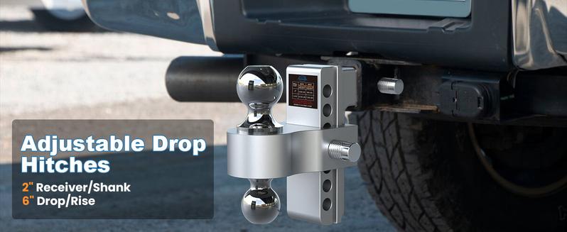 Adjustable Trailer Hitch, 6 Inch Drop Hitch Ball Mount (Fits 2-Inch Receiver), 12,500 LBS GTW, (2" & 2-5/16") Chrome Plated Steels Balls, Aluminum Tow Hitches with Two Anti-Theft Pins Locks