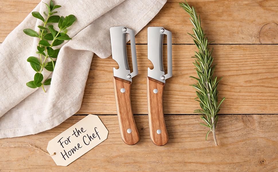 2 Pack 2 in 1 Multi Functional Vegetable Peeler with Bottle Opener and Wooden Handle Stainless Steel Blade Kitchen Tool for Sugar Cane Potato Fruit Pineapple Pumpkin Papaya Carrot Veggie Peeler