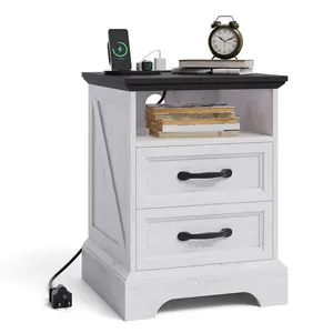 Farmhouse Rustic Nightstand with Charging Station, 2 Drawers, USB & Outlets – White Wood Bedside Table, Set of 1/2 for Living Room/Bedroom
