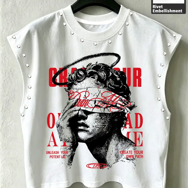 Men's Casual Asymmetrical Tank Top, Blindfold Portrait Graphic Letter Print, Comfortable and Fashionable, Loose Fit, Unique Style for Trendsetters
