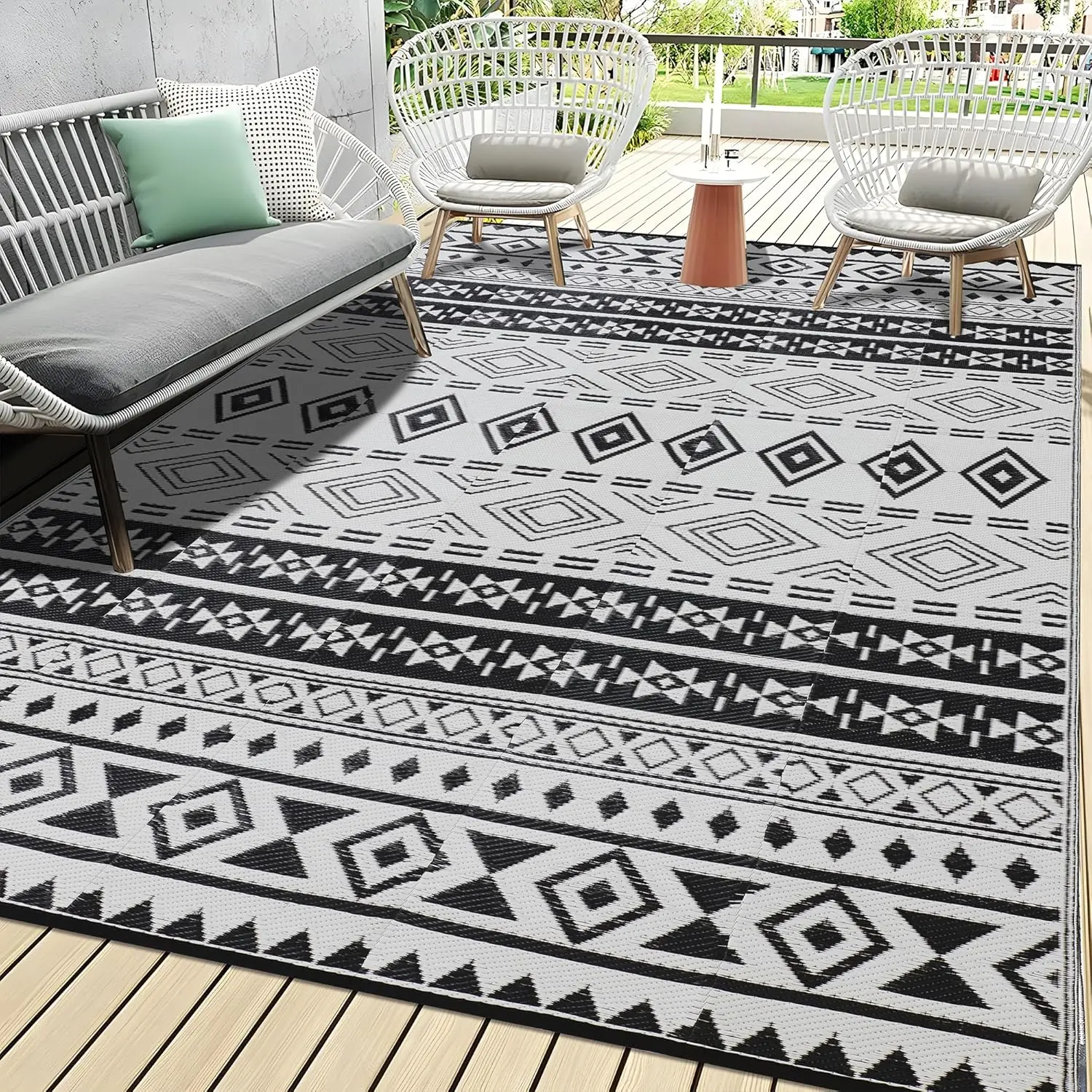 Rugs, Straw Rug, Reversible Waterproof Carpet for Camping, Poolside,, BBQ Area, Gazebo Flooring, RV Park & Beach, Geometric Style, 6x9
