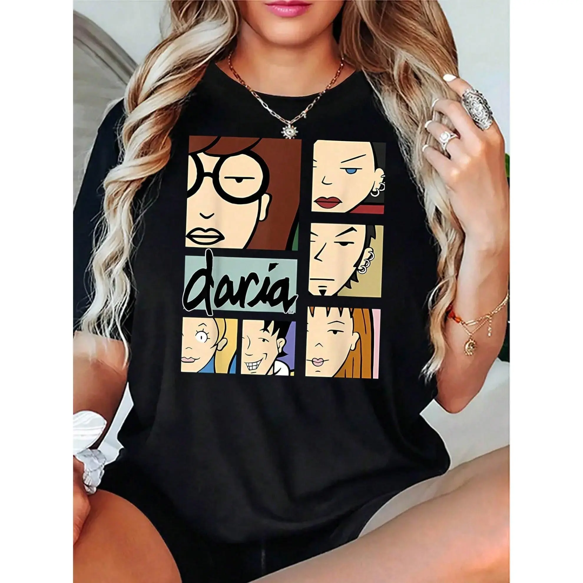 Daria-Themed Graphic Print T-Shirt For Women, Casual Crew Neck, Fashionable Short-Sleeve Top For All Seasons
