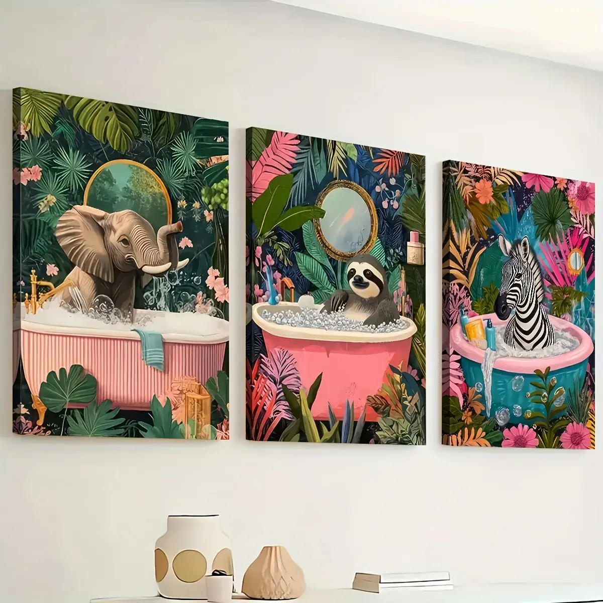 2D flat,3-piece framed canvas set, framed canvas paintings and posters, ready to hang, tropical rainforest animal-themed bathroom decor, home decor, wall art, room decoration