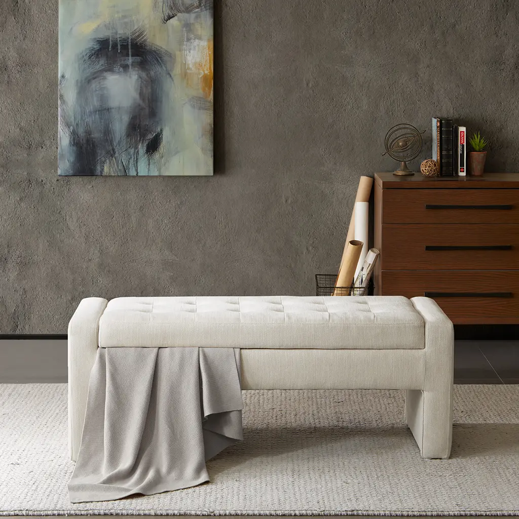 Nokaa Upholstered Button-Tufted Soft Close Storage Bench with Lid, Hidden Storage, Quiet Close Hinges, Cream Polyester Organizer for Entryway, Living Room, Bedroom