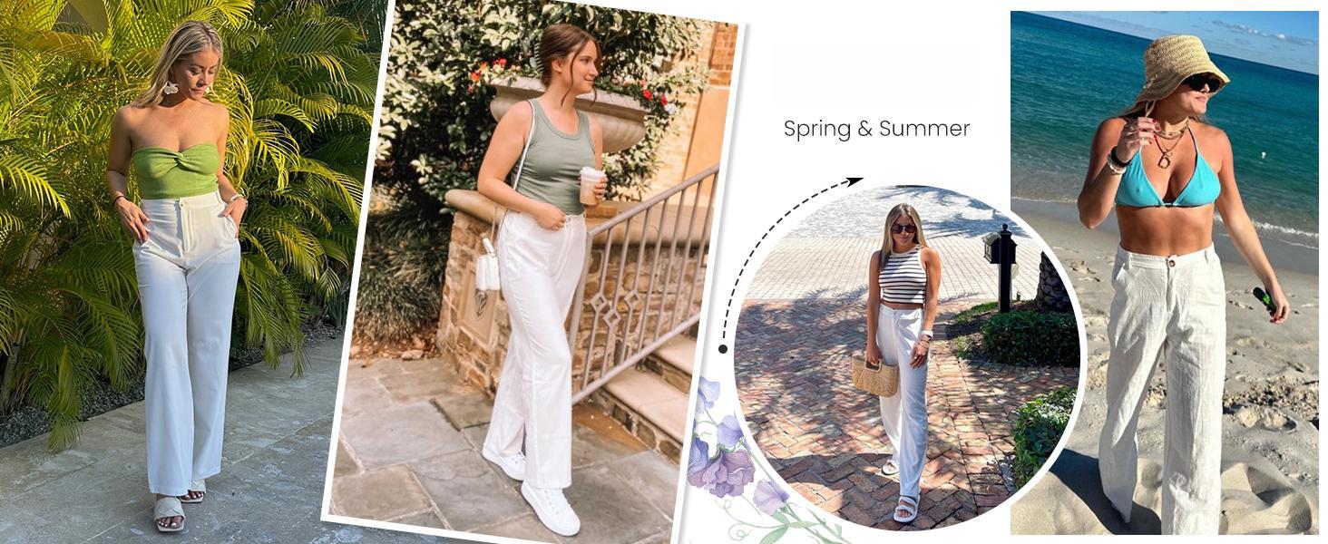 2026-2027-Women's High Waisted Wide Leg Linen Pants  Casual Button Up Cotton Trousers for Summer  Loose Comfy Beach Pants