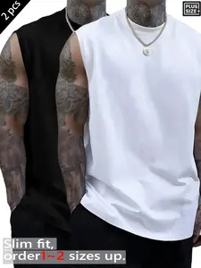 Men's Plus Size 2-Pack Solid Color Graphic Sleeveless Tank Tops, Oversized Casual Muscle Shirts for Summer, Gym, Workout & Daily Wear, Casual Sports Tops