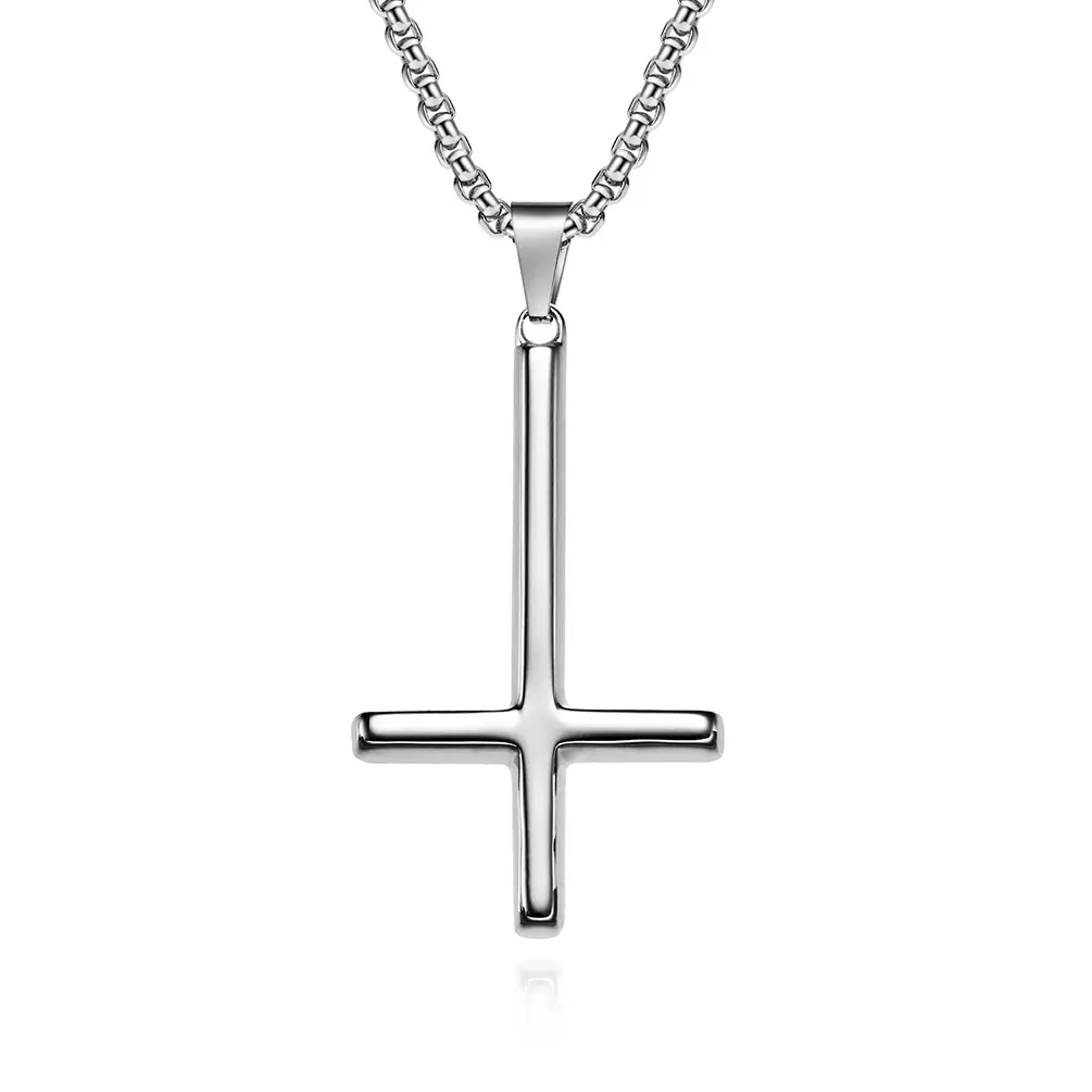 Unisex Stainless Steel Upside Down Cross Pendant Necklace with Box Chain, Gothic Street Punk Everyday Wear Jewelry, Waterproof & Corrosion-Resistant, Inverted Cross