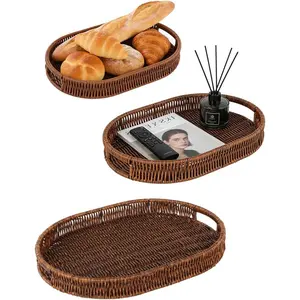 3pcs Woven Baskets Serving Trays, Poly Wicker Bread Basket Oval Tray for Fruit, Breakfast, Drinks, Entryway Table Storage Basket, Dining Coffee Table Centerpiece Decor