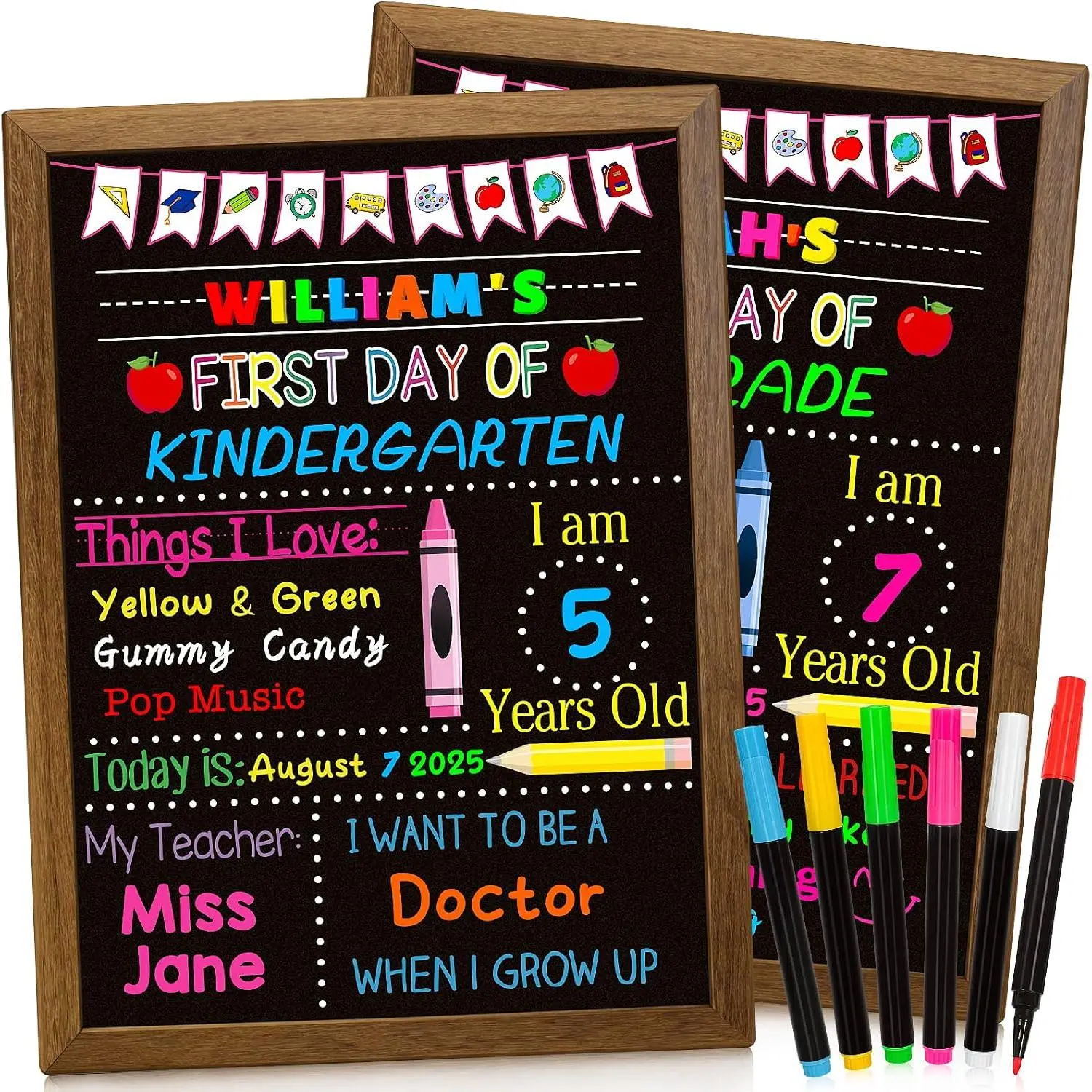 First and Last Day of School Board Sign, 14x11 Inch Double-Sided Chalkboard with 6 Colorful Markers, 1st day of  Sign,   Board,  to School  Supplies