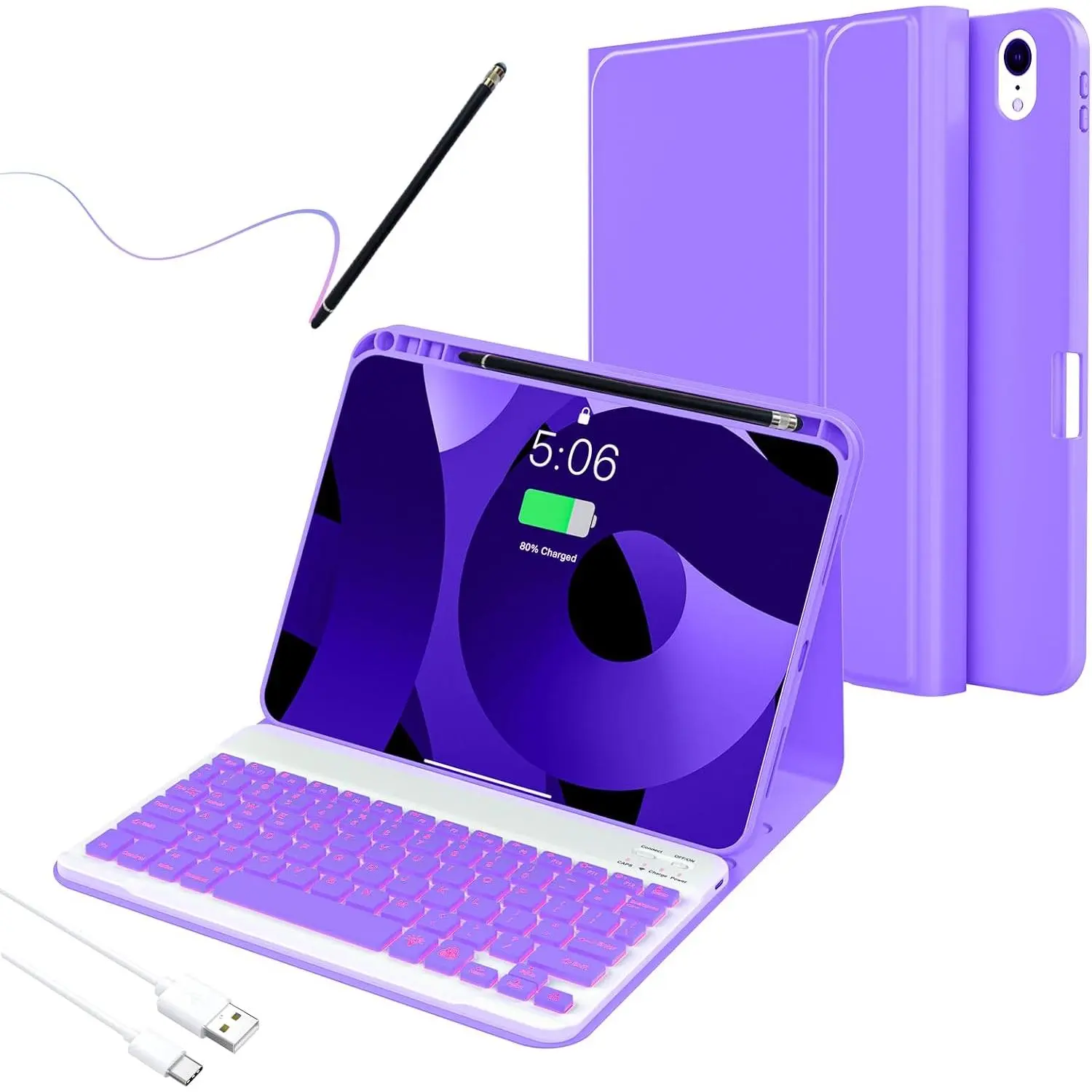For iPad 10th Generation Case with Keyboard,Adjustable 7 Color Backlit, Detachable with Pencil Holder, Keyboard for 10.9 inch 2022(Included Capacitor Pen Cleaning Cloth),Lavender