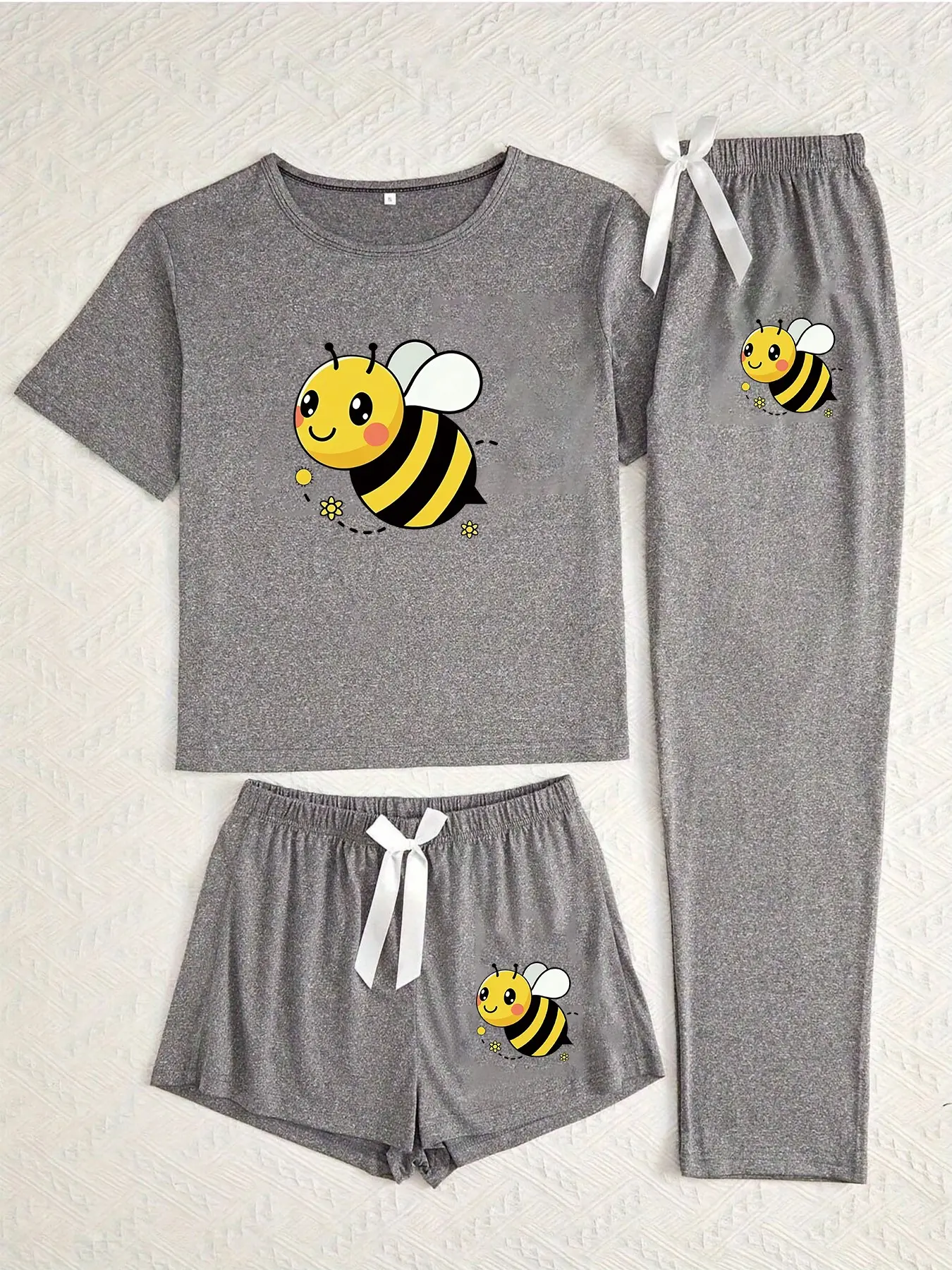 Three-Piece Pajama Set for Women, Cartoon Bee Print, Casual Loose-Fitting, All Seasons, Unlined, Random Print, Plain Surface