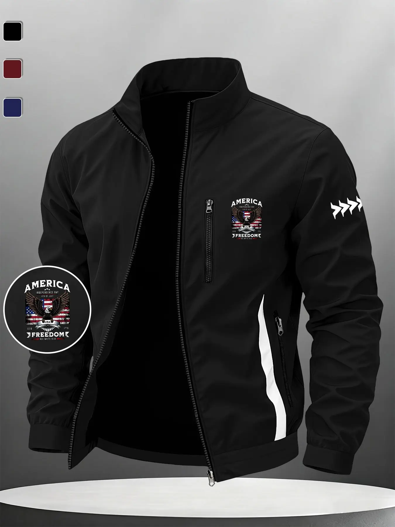 Men's Eagle Flag Vintage Print Patchwork Jacket, Design Zipper, Outdoor Sports Essential, Loose-Fit, Fall & Winter Outerwear
