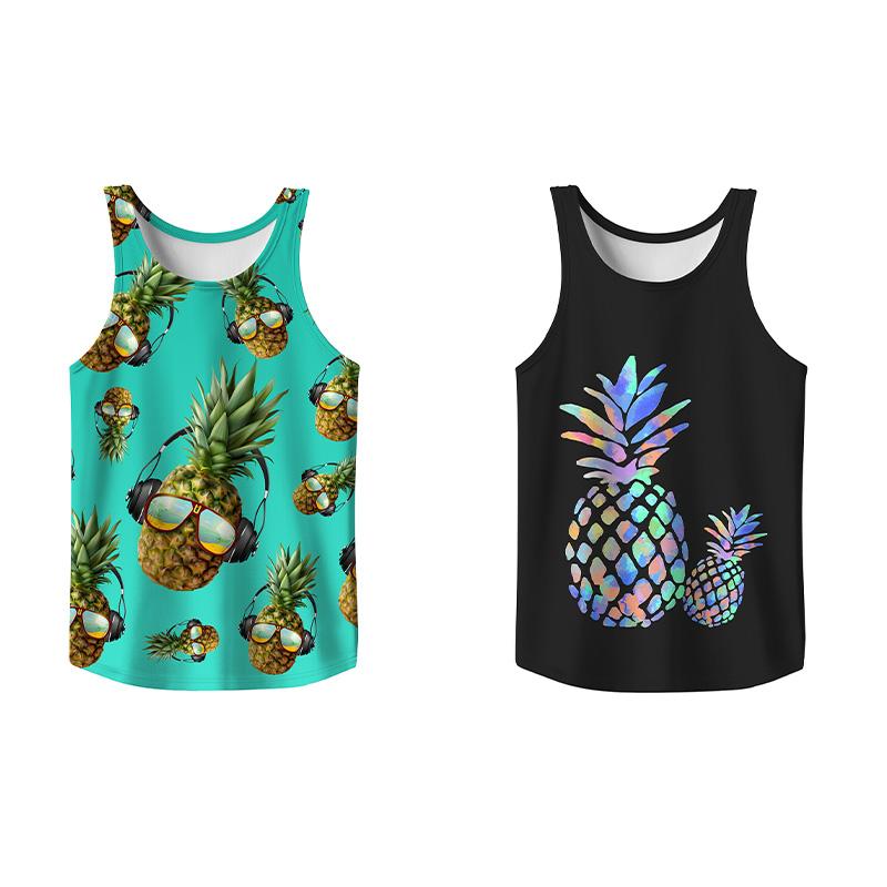 2 Pack Tropical Fruit Graffiti Tank Top, Summer Men Clothes Slim Fit Apparel, Menswear Gym Workout Comfy Casual Sleeveless for Vacation Outfit