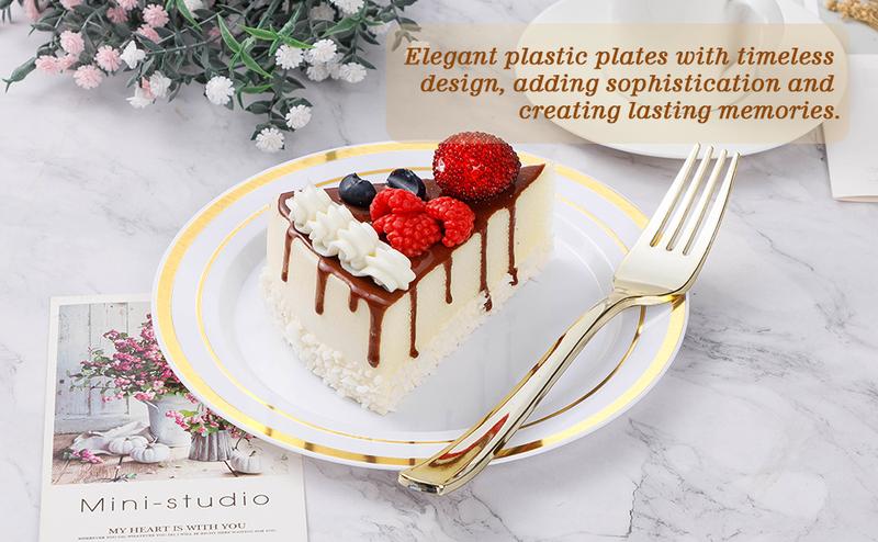 200pcs Gold Disposable Plates – 100 Dinner & 100 Dessert Plates for Winter Gatherings & Parties