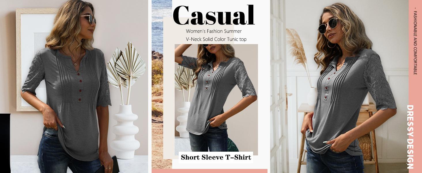Imily Bela Essentials Women's Lace Sleeve Summer T-Shirt V-Neck Botton Up Basic Solid Color Casual Tunic Tops