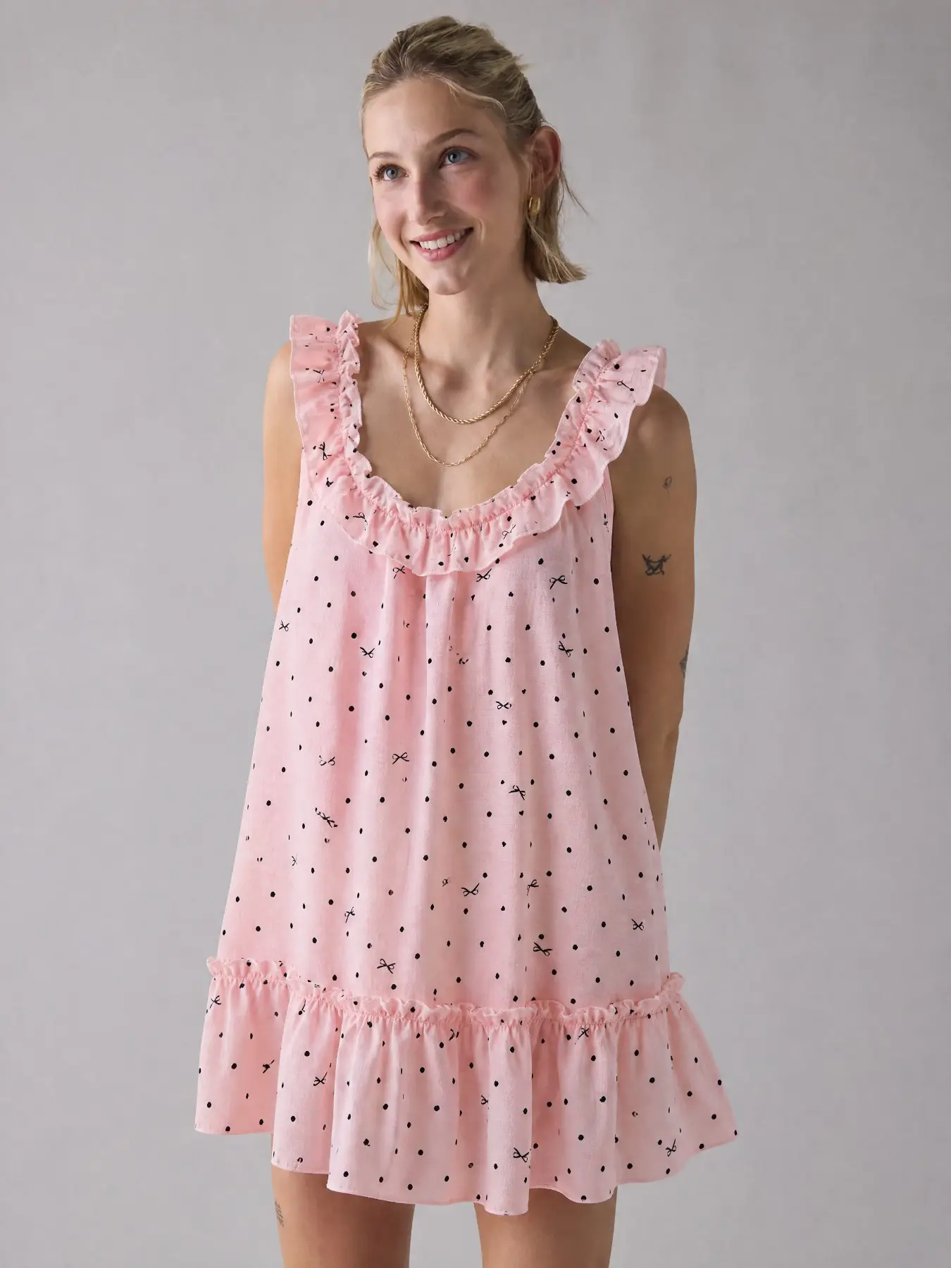 Bow Halter Nightgown, French Sweet Cool Cute Style, Double Layer Ruffle, Doll Dress Cut, Perfect for Home Wear, Loungewear or Sleepover Parties