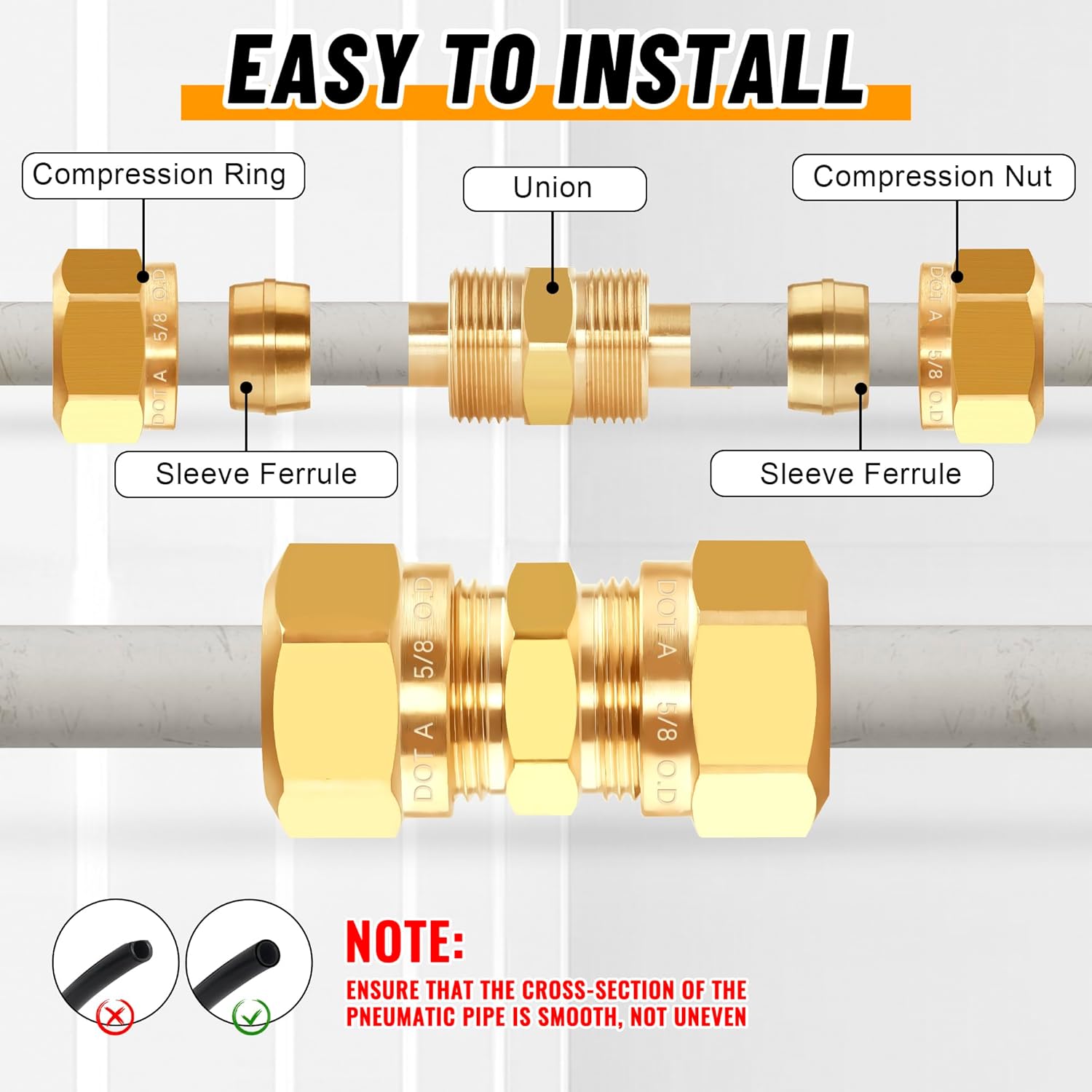 SUNDAY MIRTH 53 count DOT Brass Compression Air  Nylon Tubing Fittings,Straight Union Fitting Assortment Kit 1/4" 1/8" 3/8" 1/2" 5/8" for  or Industrial Air System