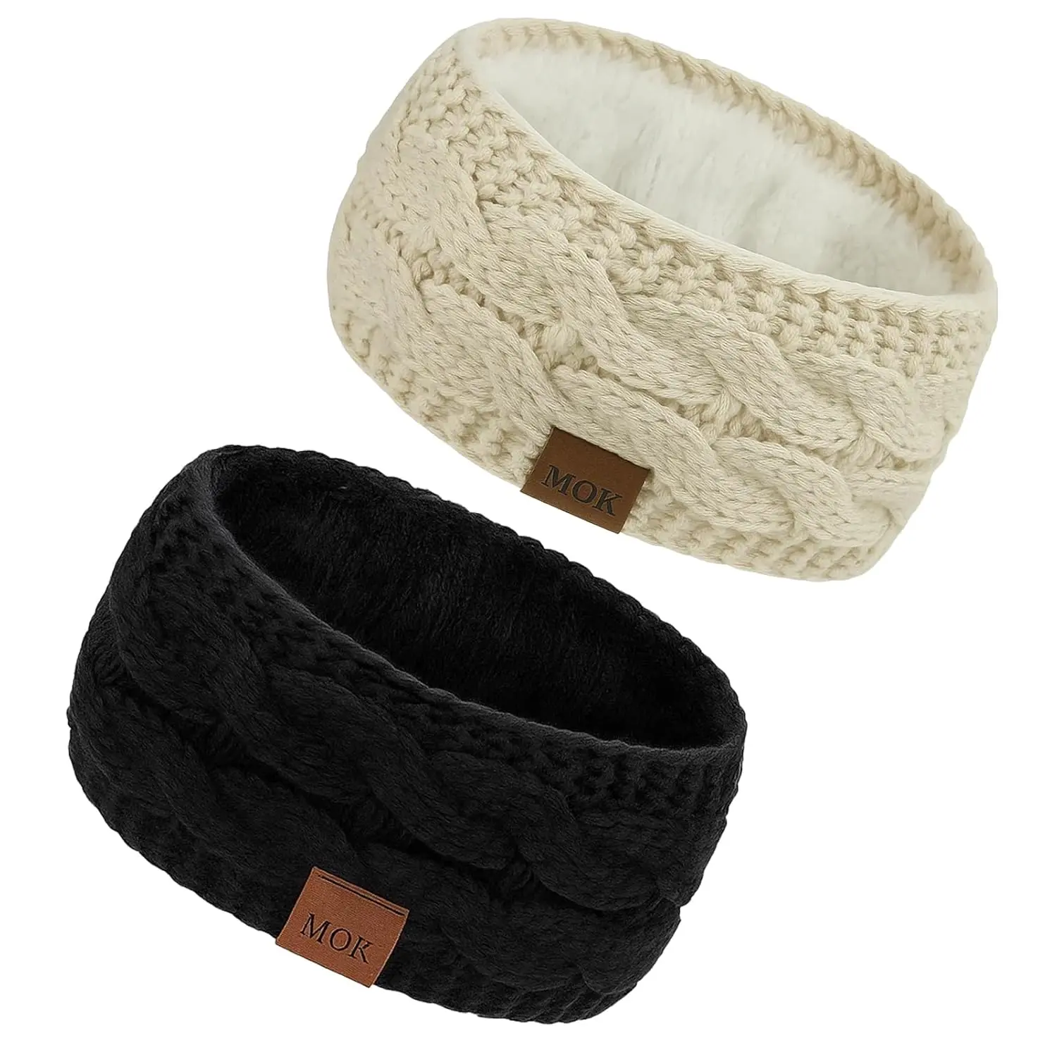 2 Pcs Ear Muffs for Winter Women, Warm Fleece Lined Ear Covers, Adjustable Headband for Comfort, Soft Fabric Ear Warmers, Black and Beige Set
