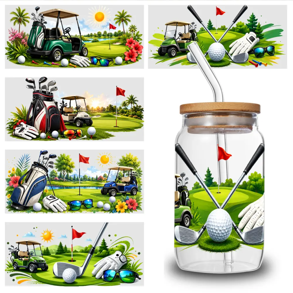 5-Sheet Pack Golf Scene UV DTF Decal Wraps, 9.4x4.3 in 16oz Libbey Cup Wraps, Waterproof Scratch-Resistant Floral Bird DIY Decals with 3D Crystal Effect, Self-Adhesive Transfer Paper for Cup Decoration