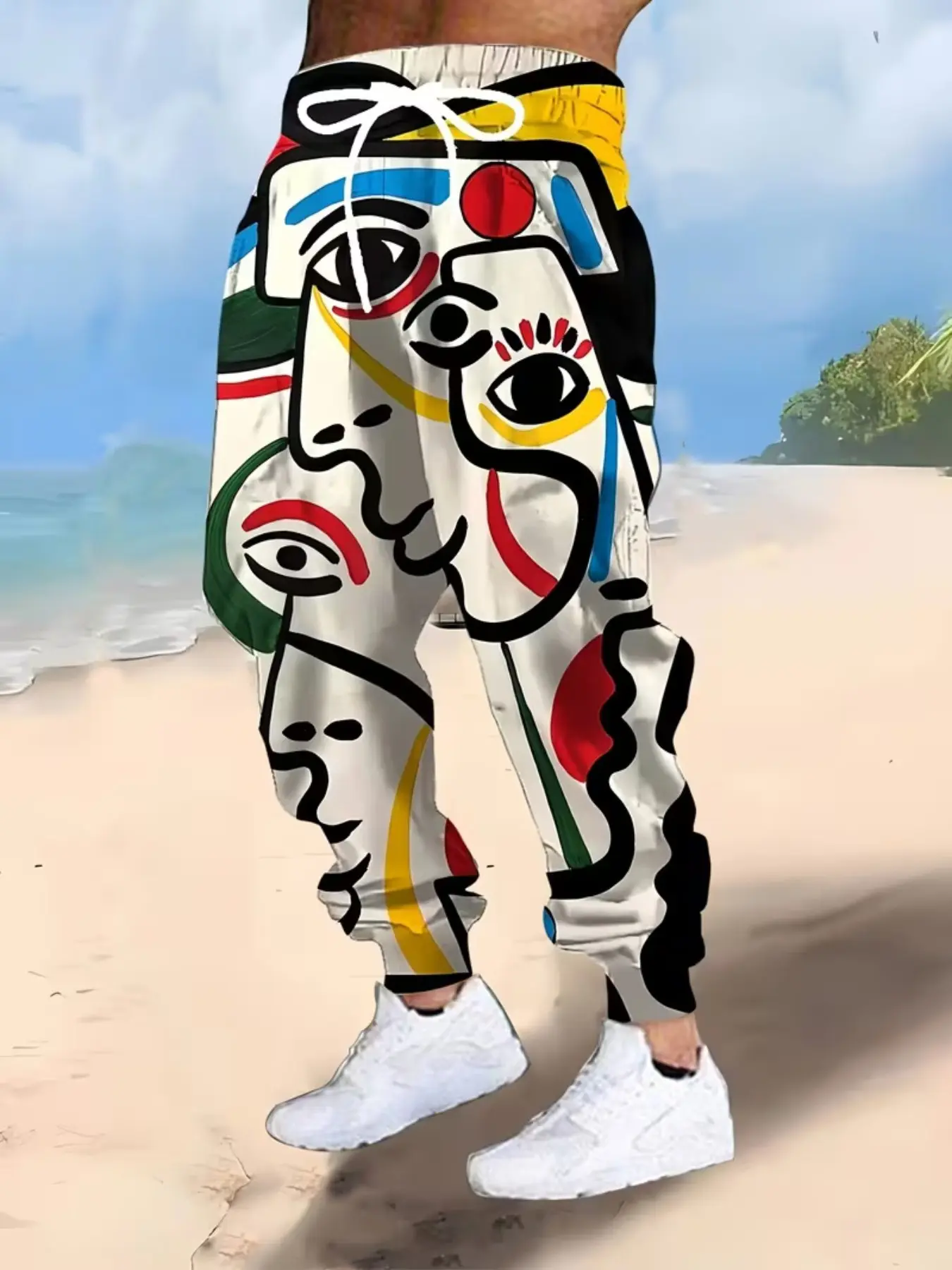 New Picasso Abstract Face Print Men's Ankle-Length Pants, 3D Digital Print, Drawstring Waist, Casual Fitted Trousers for All Seasons