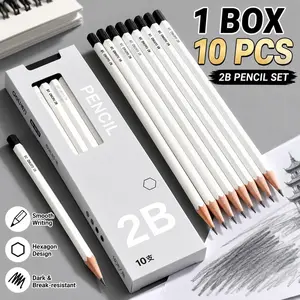 White hexagonal pencil 10pc, HB writing pencil, 2B writing pencil, hexagonal pencil holder, log pencil, sharpable pencil, smooth writing, comfortable grip, simple white pencil. Suitable for daily writing use.