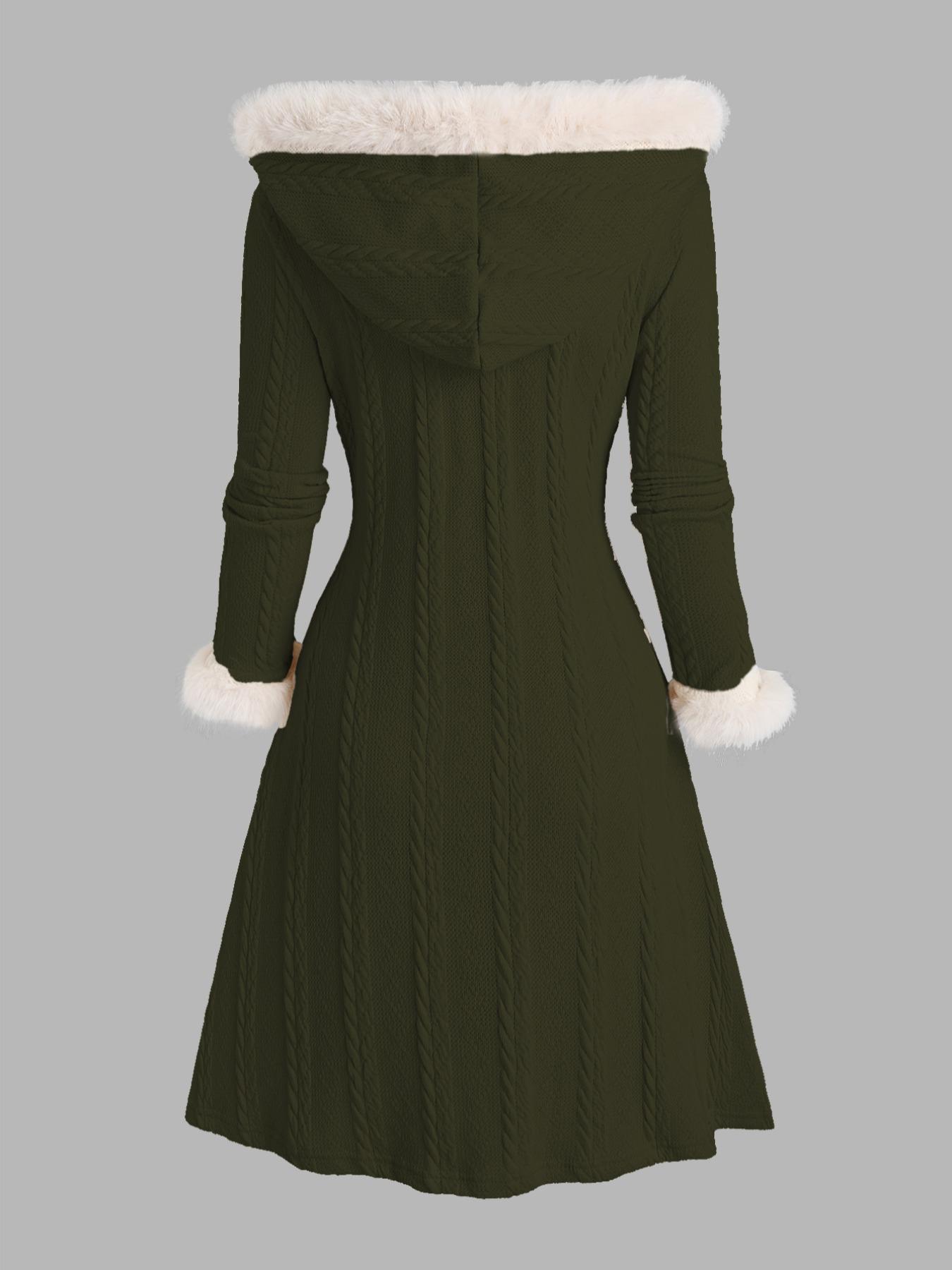 Women's Plain Contrast Faux Fur Trim Button Front Hooded Jacket Coats, Casual Long Sleeve Outerwear for Fall & Winter, Ladies Clothes for Daily Wear