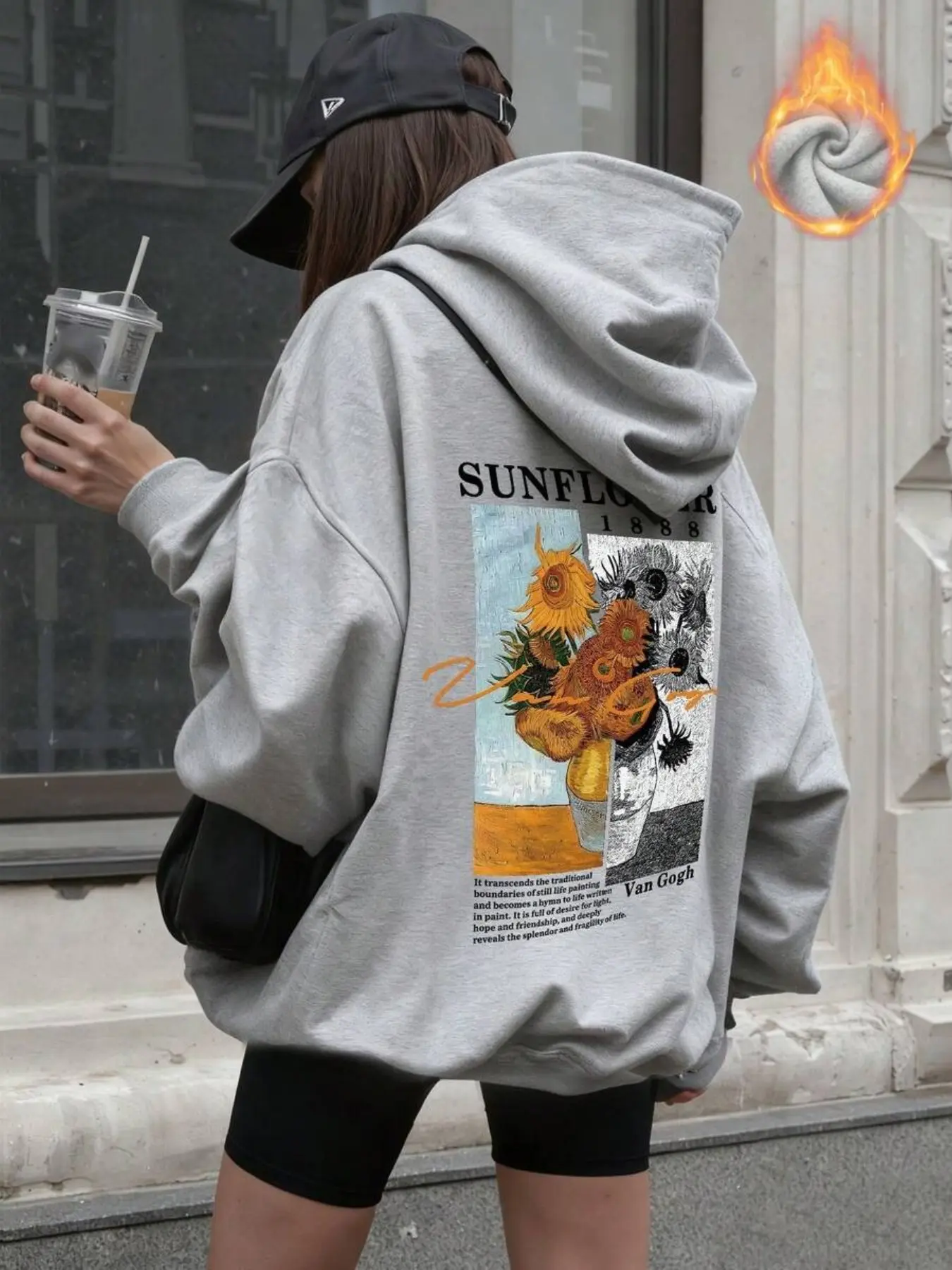 American Vintage Van Gogh Sunflower Print Hoodie Women, Loose Oversize Drop Shoulder Lazy Style Pullover, Artwork Back Print Casual Long Sleeve Top