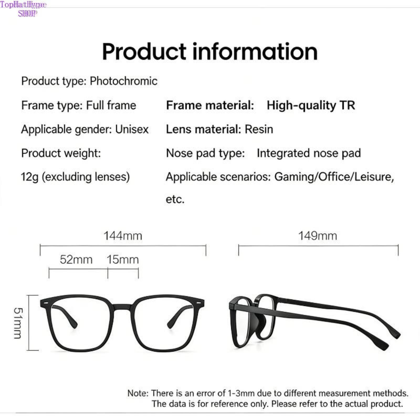 New Trendy Photochromic Myopia Glasses, Square Thick Black Frame for Men & Women, Flattering Slim Face Design, Blue Light Blocking Prescription Eyewear