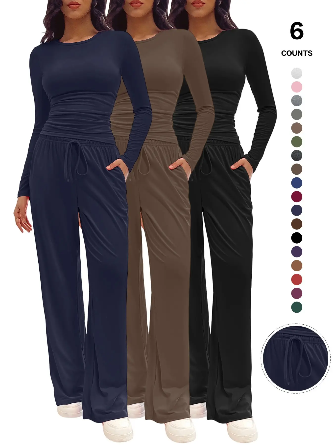 Women's 2 Piece Lounge Set Long Sleeve Top & Wide Leg Drawstring Pants, Casual Comfy Matching Outfit with Pockets, Soft Ruched Waist Loungewear Set, Chic Everyday Homewear & Travel Outfit，Womenswear 2026