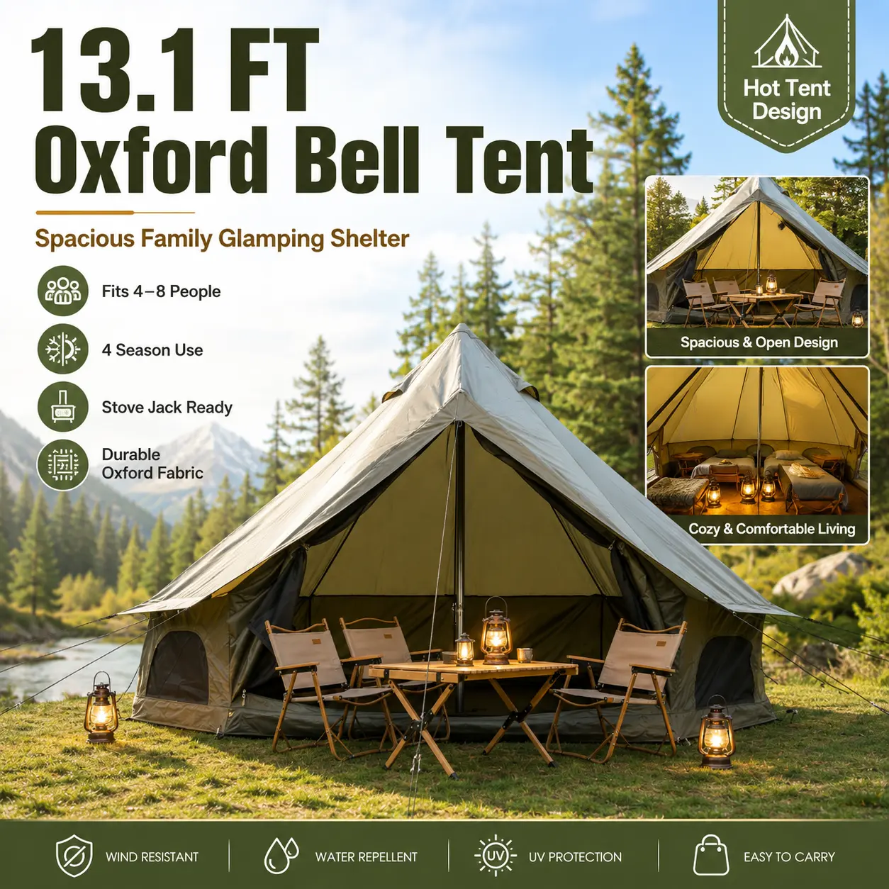 Oxford Bell Tent Family Camping 13.1ft Yurt Tent with Stove Jack Large Glamping Tent for 4 to 8 People 4 Season Oxford Hot Tent Green Canvas Style Shelter for Camping Trips Outdoor Shelter and Backyard