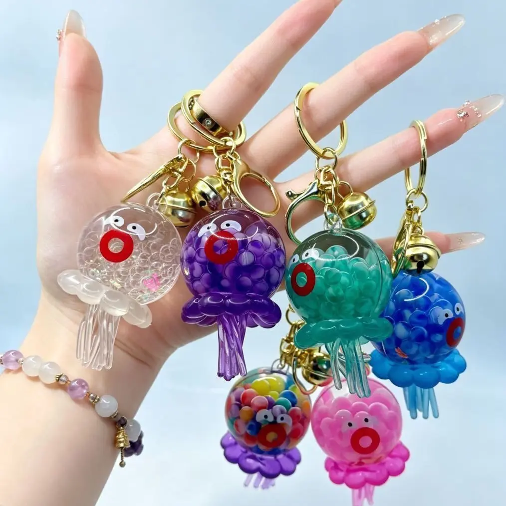 Cute Jellyfish Squishy Keychain, Soft Sensory Bag Charm with Bell, Colorful Bead Key Ring Pendant for Backpack, Purse, Car Keys, Gift, Keychain for bags