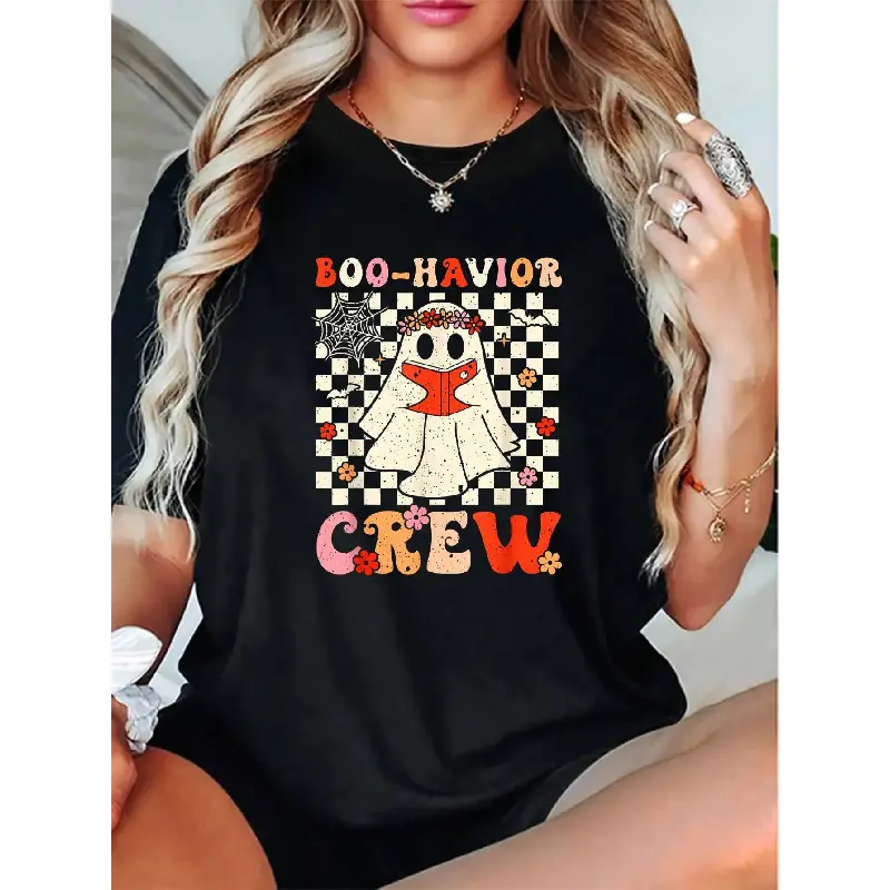 Women's 100% Cotton Short-Sleeved T-Shirt - Unisex Retro Boo-Havior Crew, Behavior Analyst Halloween ABA RBT, Autumn Thanksgiving Maple Leaf Pattern, Streetwear Style, Everyday Fit, Breathable Fabric