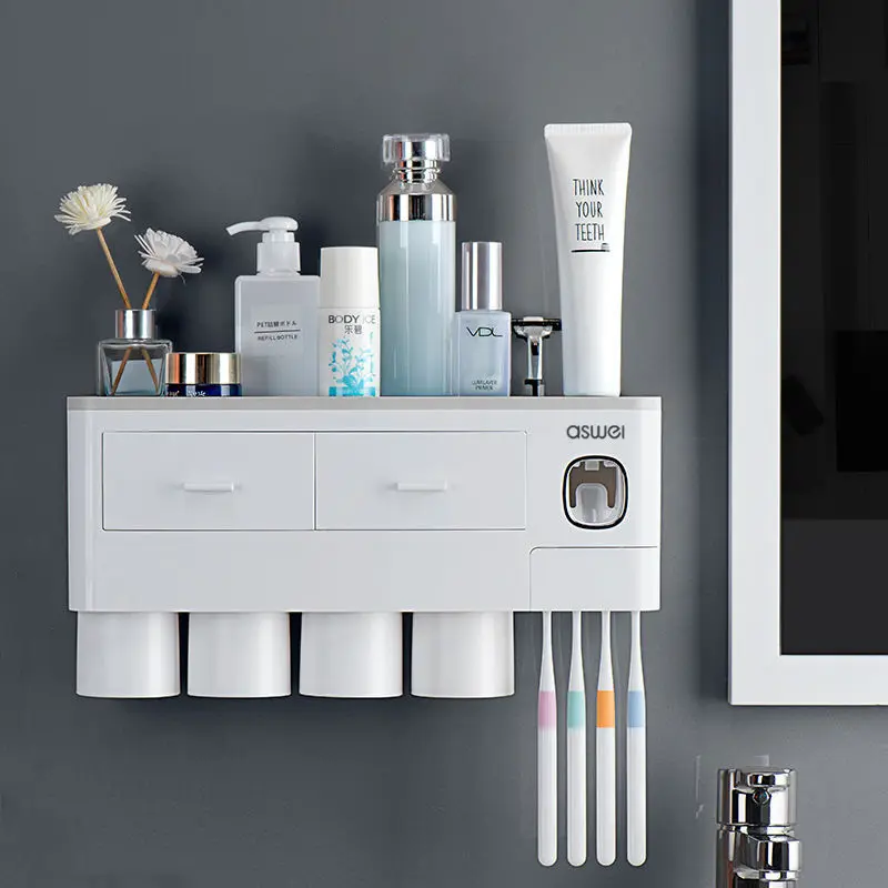Drawer-style toothbrush holder for bathroom, no-drill magnetic suction mouthwash cup, wall-mounted toothbrush rack set