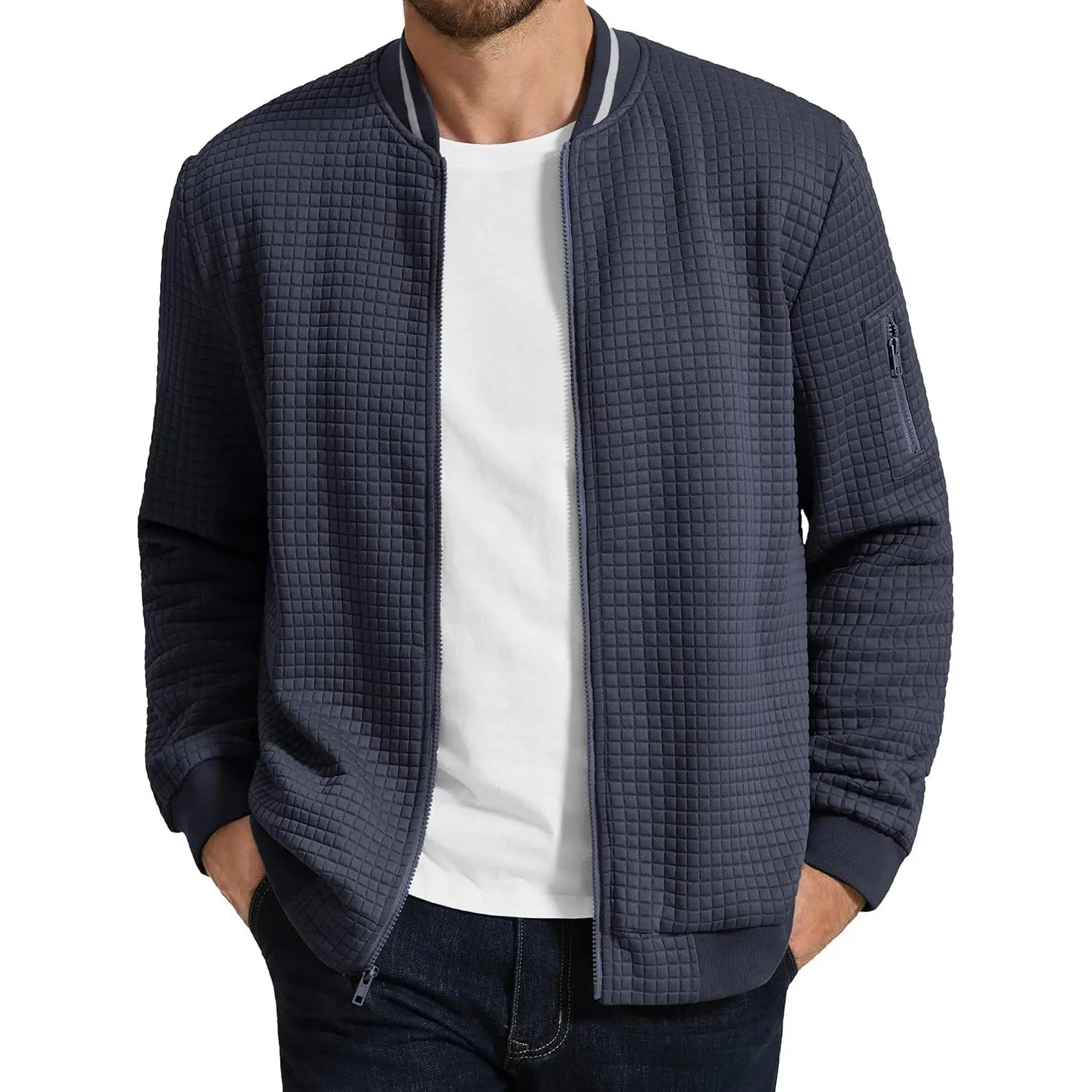 Mens Zip Up Sweater Jacket Waffle Sweatshirt Knit Bomber Lightweight Casual Jackets