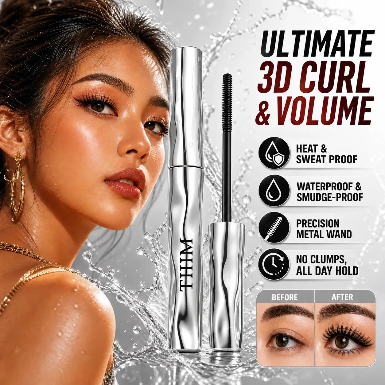 Easy Application Long Lasting Wavy Metallic Tube Mascara, Flexible Spiral Brush, Flake-Free Smooth Texture, Waterproof Sweat Resistant, For Natural Daily Lashes & Thick Voluminous Lash Makeup, Longwear Mascara