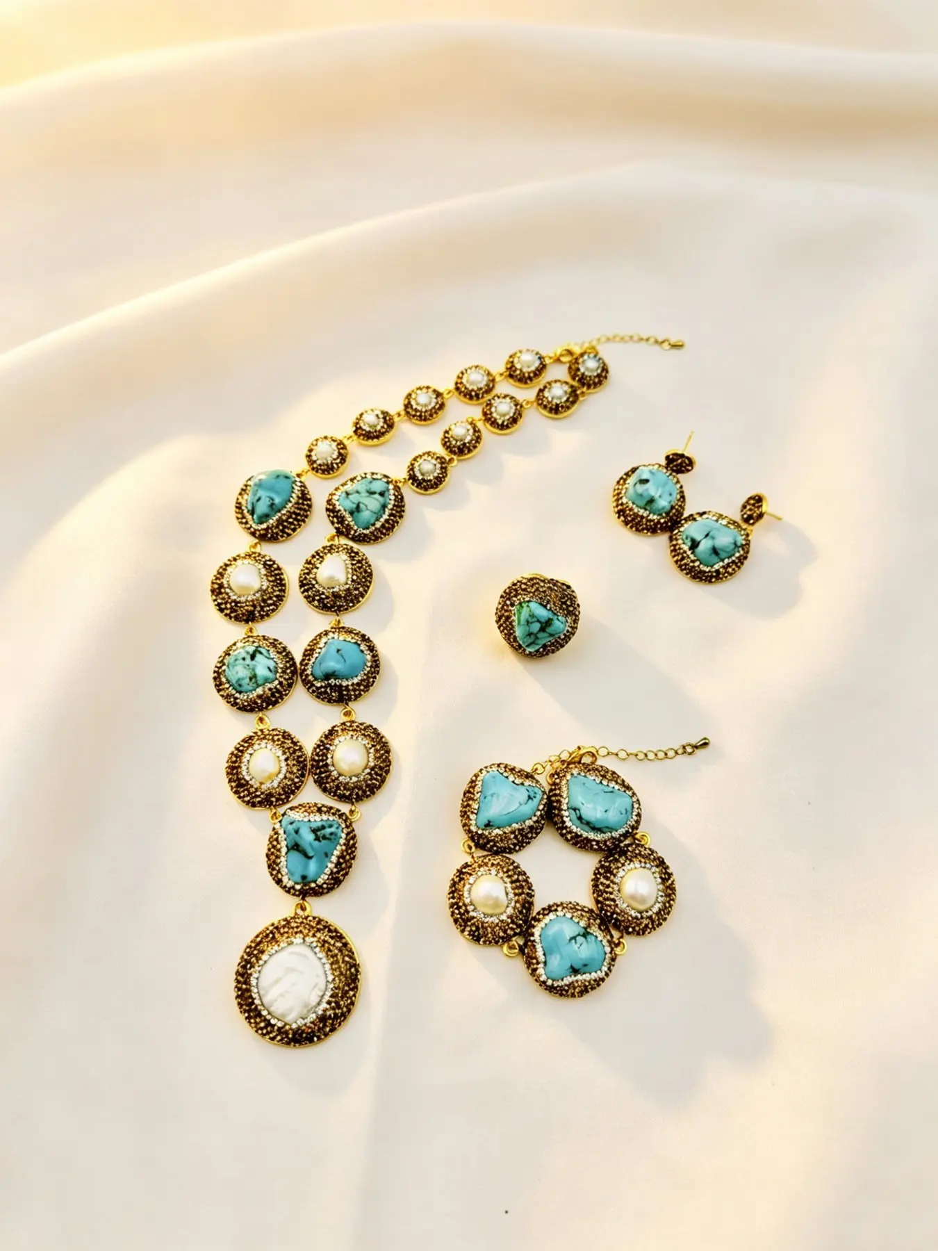 Baroque Necklace Earrings Ring Bracelet Set, Lapis Lazuli Vintage Jewelry, 4-Piece Set, Perfect for Travel, Versatile Accessory