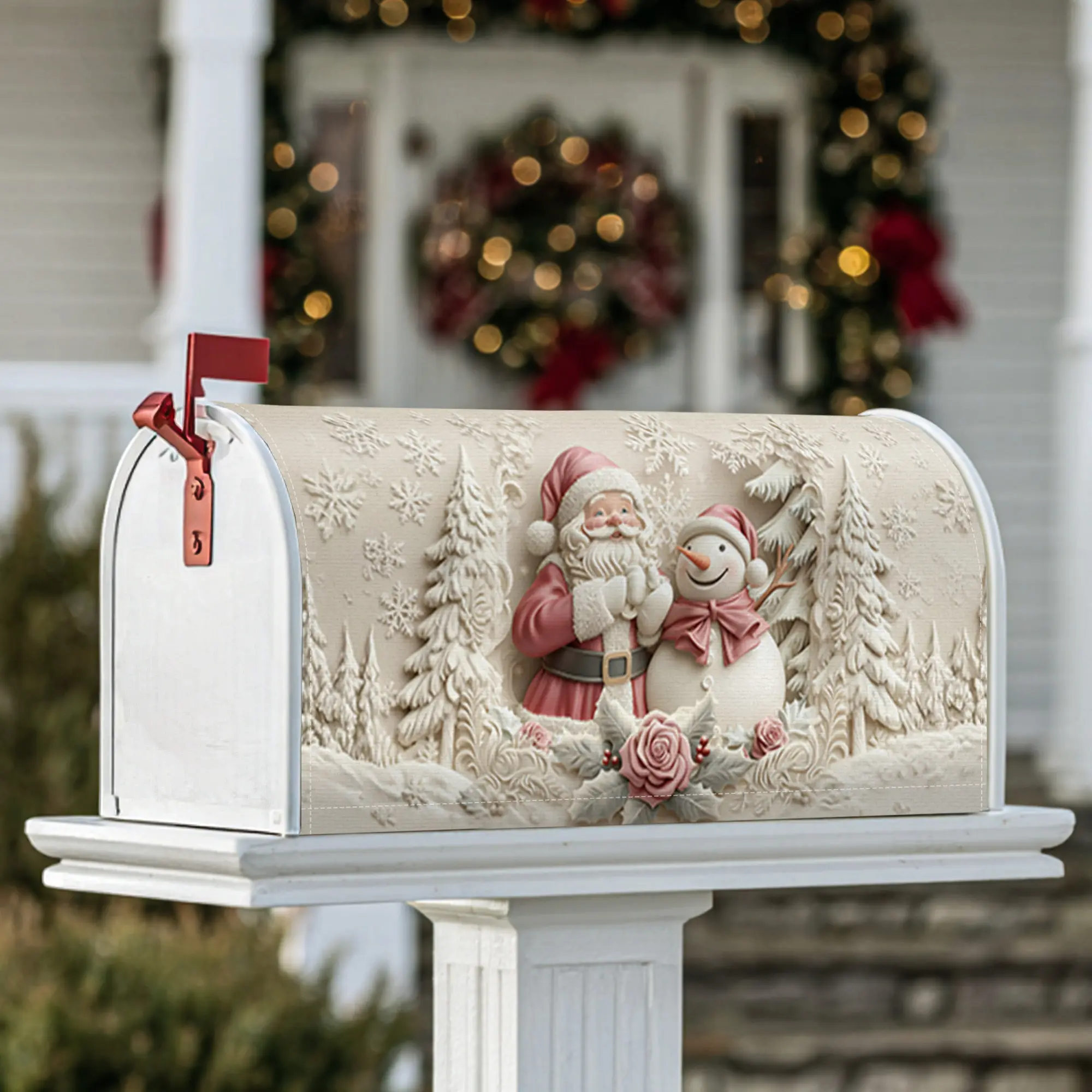 Santa Magnetic Mailbox Covers, Christmas festive snowman snowflakes Christmas red Mailbox Post Cover for Lawn Decoration