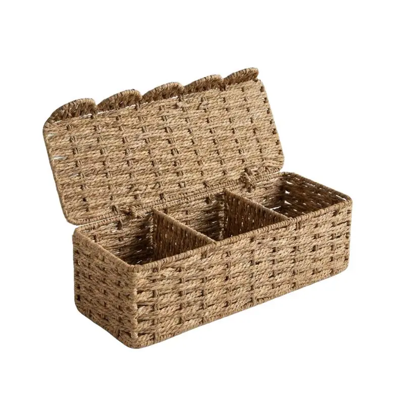 Elegant 3-Compartment Woven Storage Basket, Fan-Shaped Lid, Comfortable Desktop Organizer, Handcrafted Vanity and Shelf Decor Box