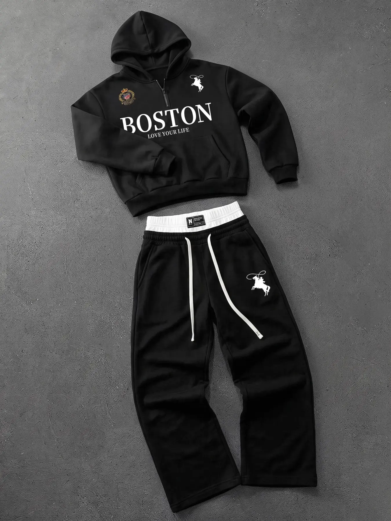 Unisex Cropped Half Zip Hoodie Wide Leg Pants Tracksuit, Boston Letter Horse Rider Print 2 Piece Outfit Set, Y2K Hip Hop Streetwear, unisex clothing, menswear clothing, accessories for men, ropa caballero hombre, boyfriend gifts, mens fashion, mens holida