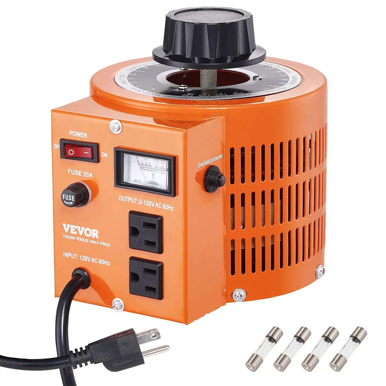 【toolupgrade】VEVOR 2000VA Analog Auto Variable Voltage Regulator - 15.3A, 110V Input 0-130V Output AC Power Supply, Built-in Copper Coils, Thermal Control Switch, 4 Extra Fuses for Industrial Office Use