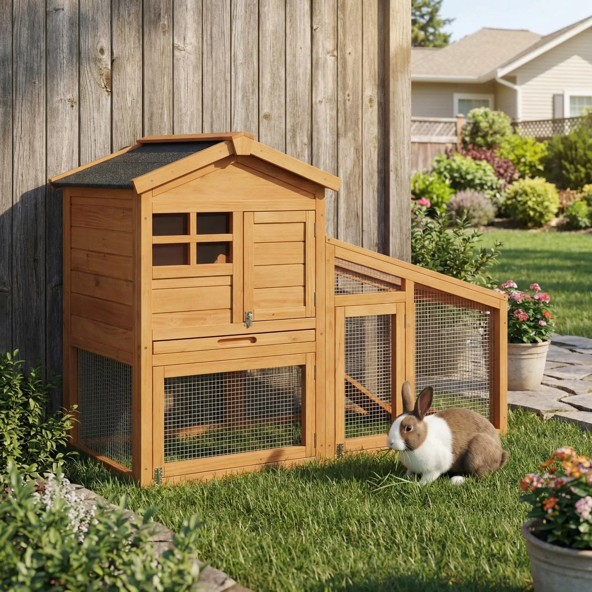 53.15 in Wooden Rabbit Hutch, Expandable 2-Story Bunny Cage with Ramp, Pull-Out Tray & Metal Frame, Indoor Outdoor