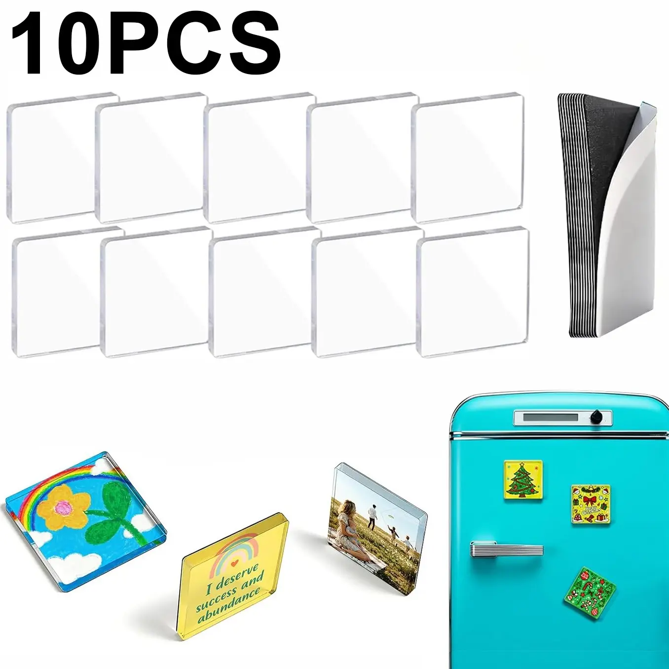 10 Pack 2"x2" Clear Acrylic DIY Fridge Magnets Set, Blank Square Magnetic Photo Frames with Adhesive Backing – Custom Picture Refrigerator Magnet Craft Kit , Square Magnetic Photo Frames for Crafts, Kitchen, Classroom, Party & Office Decoration