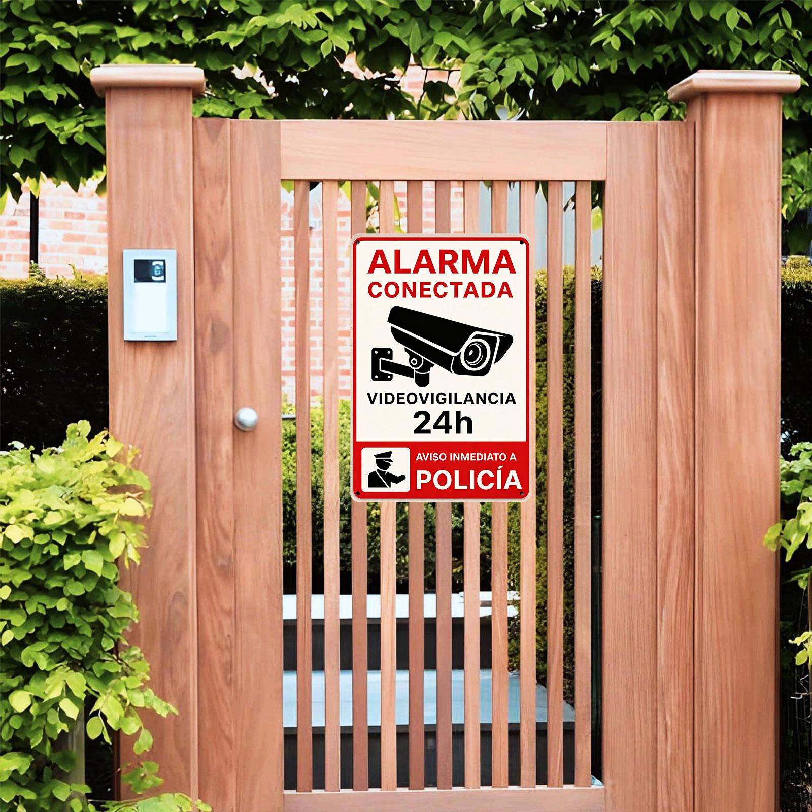 "Alarm Activated 24H Video Surveillance" 8x12 Inch Aluminum Metal Sign - Spanish Security Wall Decor for Home, Yard, and Gate - Retro Tin Poster with Camera & Police Alert Design - Durable, Weatherproof, and Easy to Hang - Ideal for Property Protection