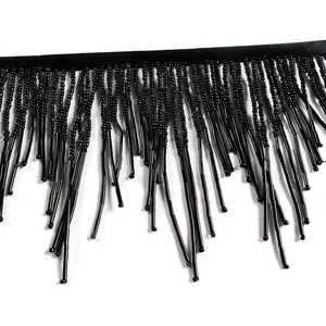 Black Glass Beaded Wavy Water Shape Fringe Trim Tassel Chain Belt for Clothing Accessories DIY Decoration