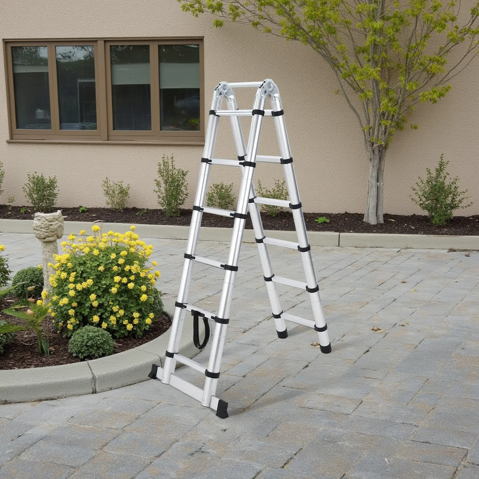 Portable Telescopic Aluminum Extension Ladder for Home Use, A-Frame Folding Extension Ladder with Stabilizer Bar & Non-Slip Feet, 330lbs Load Capacity, Multi-Use Portable Step Ladder