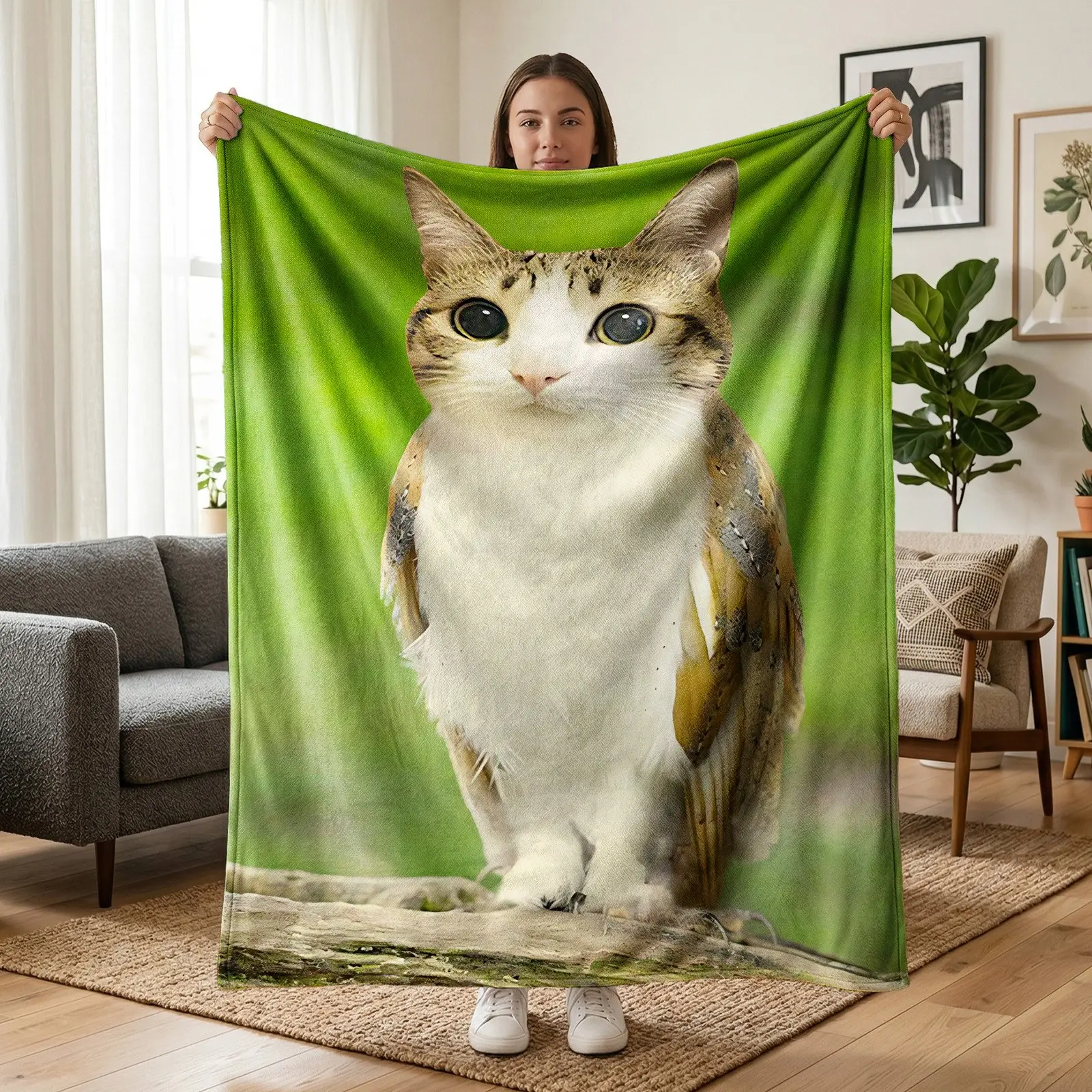 1pc Fantasy Cat Owl Hybrid Fleece Blanket, Realistic Cat Head Owl Creature, Fresh Green Nature Background Print. Soft Warm Multi-use Throw for Sofa, Bed, Office, Camping, Ideal Christmas Gift.