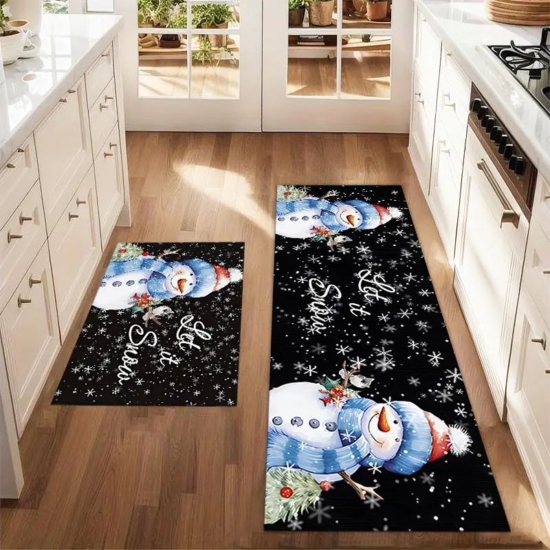 2pcs Christmas Snowman Floor Mat Set Farmhouse Kitchen Carpet Restaurant Floor Laundry Room Decoration Carpet Mat