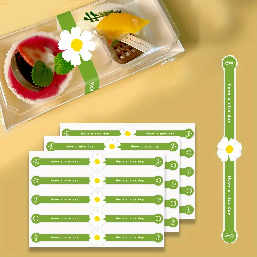100 pcs Long Green Adhesive Stickers for Sealing Bakery Boxes, Decorative Bands for Cakes, Egg Yolk Pastries, and Birthday Gift Packaging